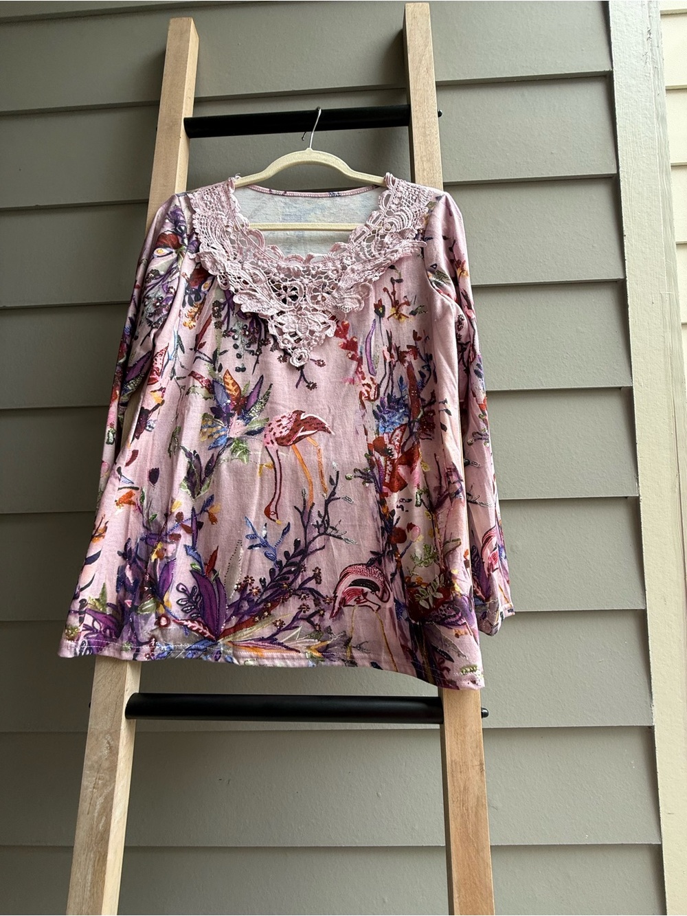 Floral Lace Neck Tunic in Pink & Purple Like New
